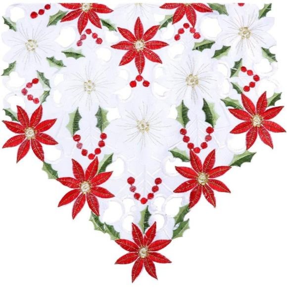 Christmas Table Runner Embroidered Decorative Cloth Poinsettia Holiday Decor 70" - Picture 4 of 5